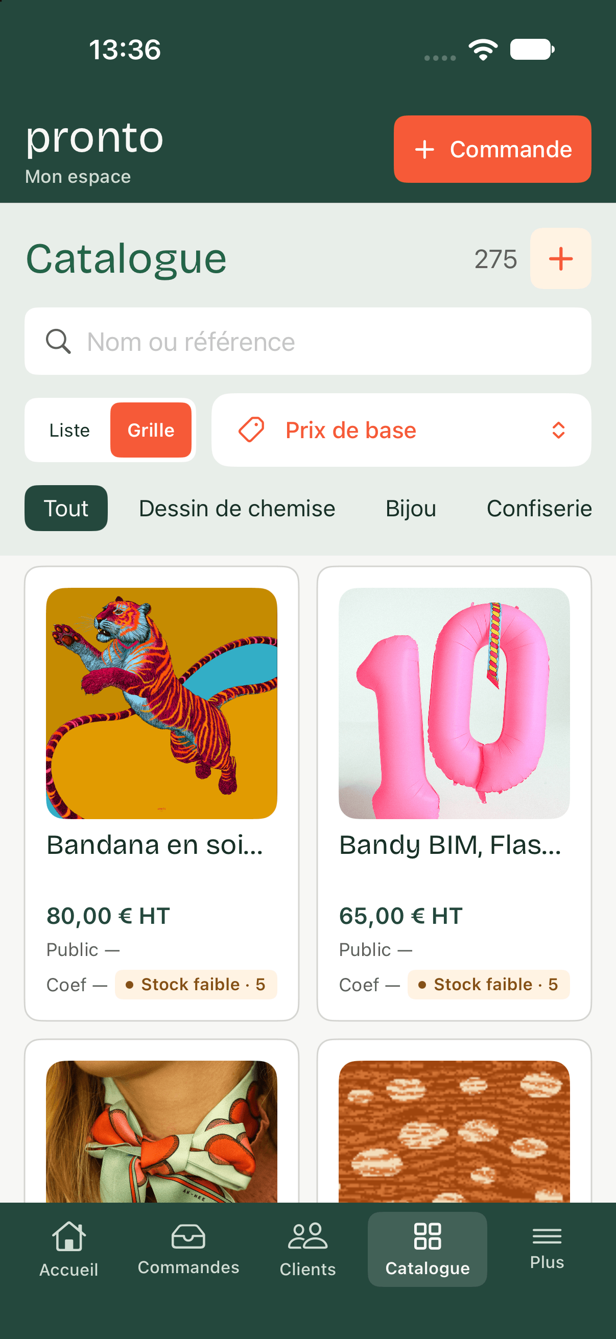 Catalogue produits dans Pronto sur iPhone